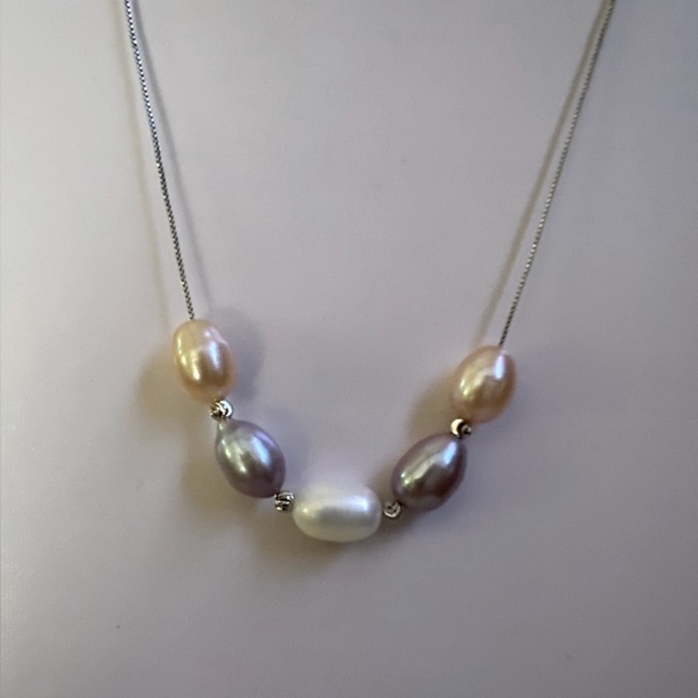Natural Pink White Purple 9mm Akoya Pearl Necklace 925
Sterling Silver Chain